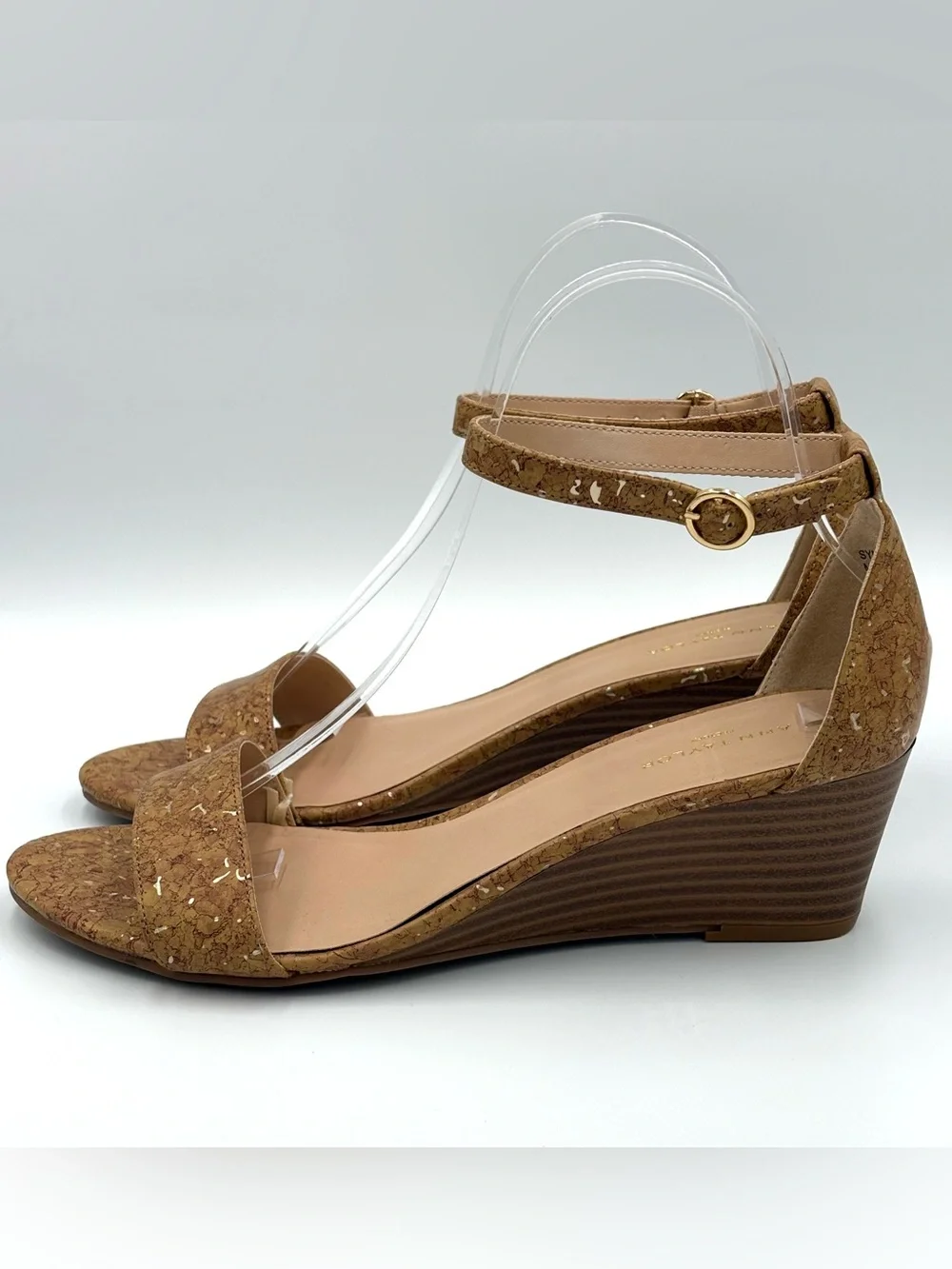 Ann Taylor Cork Gold Flecked Ankle Strap Warm Minimalist Wedge Sandals Size 7.5